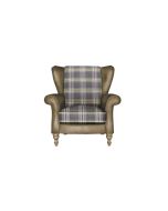 Alexander & James Blake Plaid Wing Chair in Sathcel Biscotti Leather with Yardley Damson Seat Cushion and Weathered Oak feet