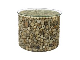 Bluebone Driftwood Drum Lamp Table with Glass Top that is made from  reclaimed wood